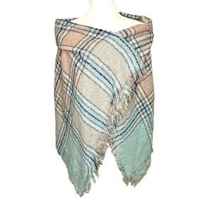 Plaid‎ ShawlWrap/throw- Pastel Greens & Peaches with fringe along edges
